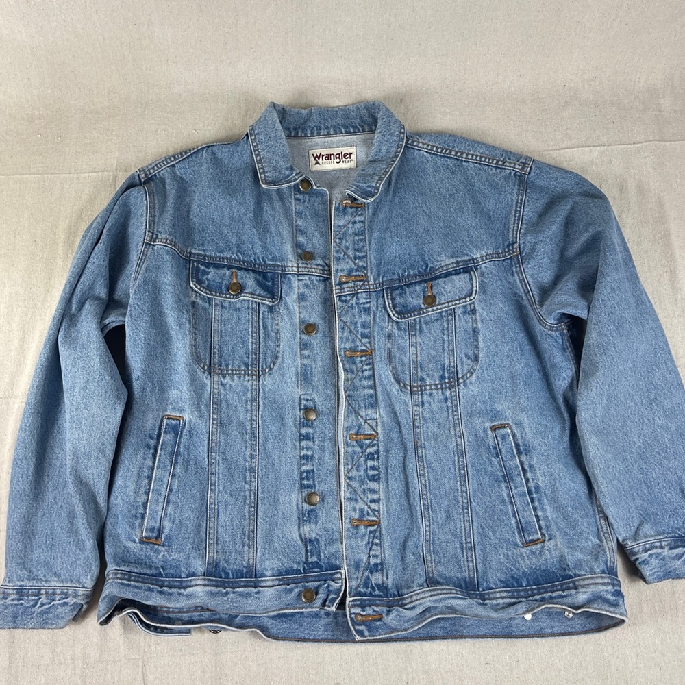 Wrangler Denim Jacket Mens  Blue Rugged Wear Cotton sz in pics
